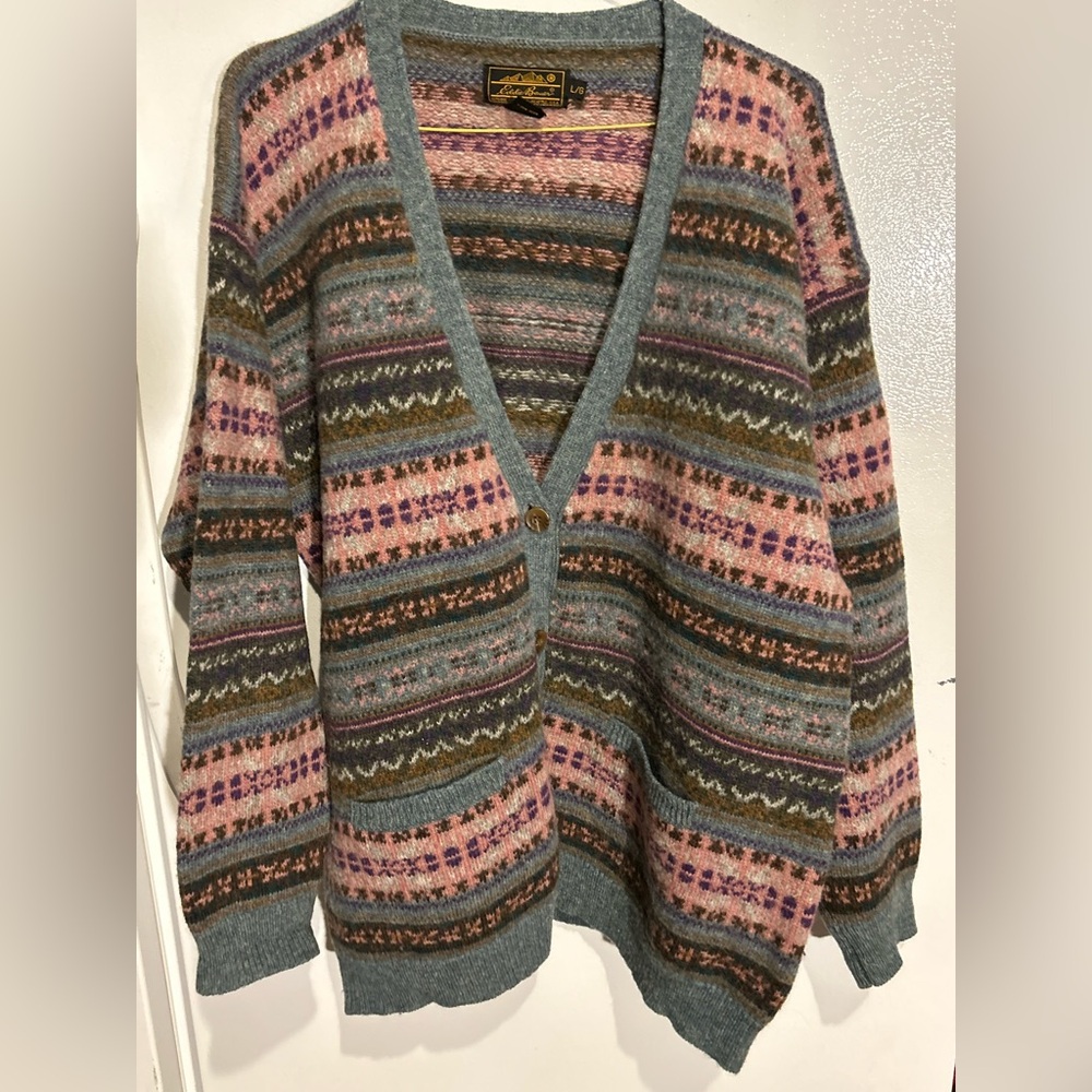 Vintage Eddie Bauer Wool Button Front Cardigan Sweater Striped Fair Isle Size L.